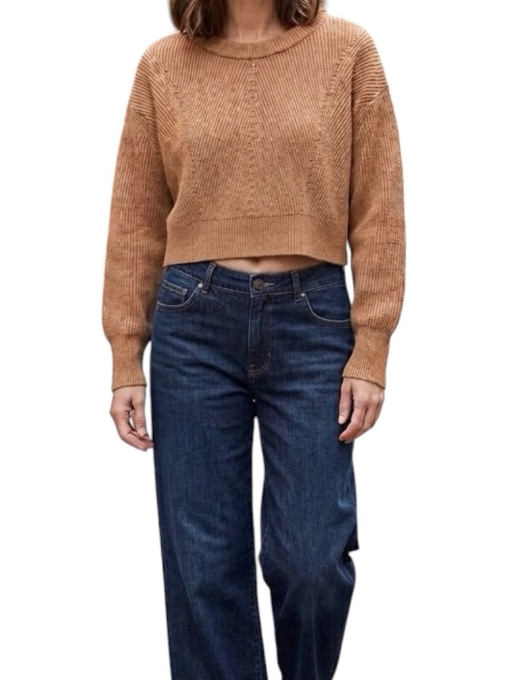 Zara Knit Tan Ribbed Sweater Oversized Cropped Neutral Classic M